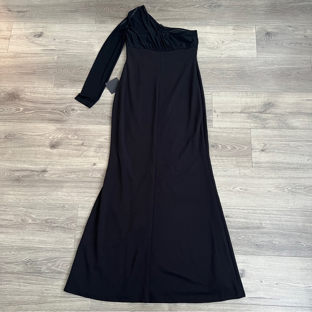 Lulus Stunning Essence One Shoulder Mermaid Maxi Dress Large Black Slit Mesh NWT - Picture 10 of 12